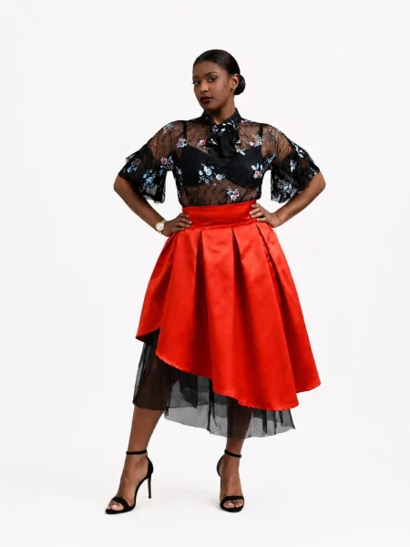 BIBI SAKALIEVA Fustă Red Pleated Midi Skirt with Asymmetric Design and Tulle intens roșu