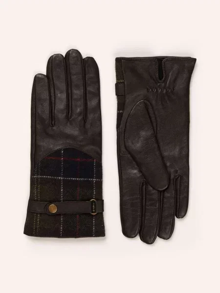 Barbour Kožené Rukavice Tartan tmavě hnědá
