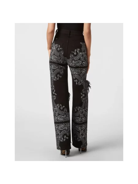 Szerokie jeansy Philipp Plein skórzane z wzorem paisley czarne