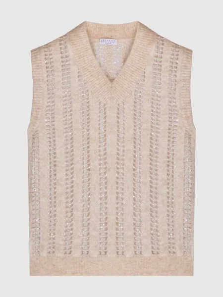 Ажурний жилет з вовни з люрексом Brunello Cucinelli бежевий