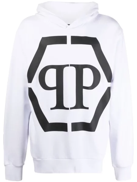 Lung hanorac cu glugă Philipp Plein cu imagine alb