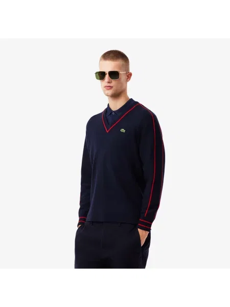 Lacoste Sweter Z Dekoltem V W Paski Archive Edition niebieski
