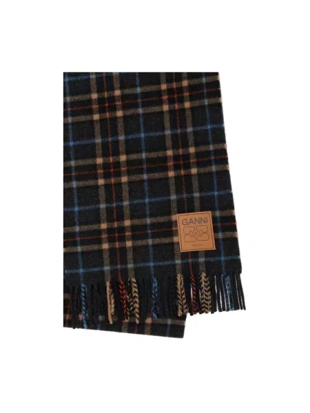 GANNI szalik wełniany Double Face Wool Check szary wzorzysty czarna