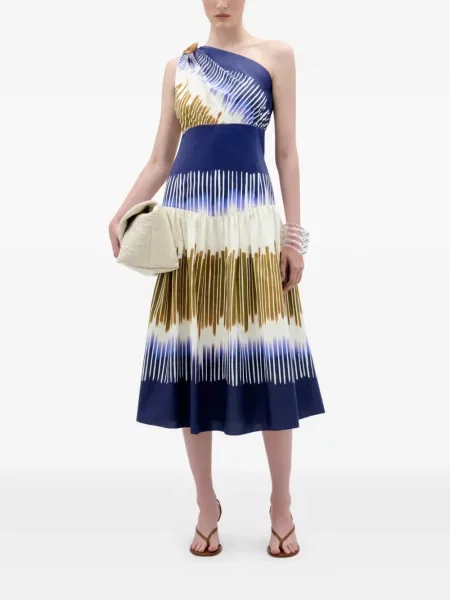 Rochie midi Silvia Tcherassi cu imprimeu abstract cu un umăr gol albastru