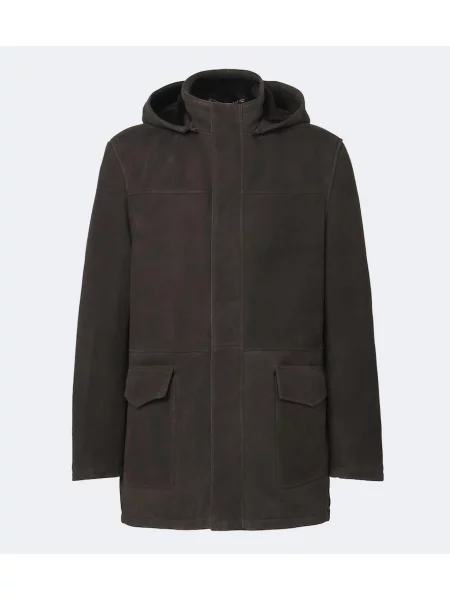 Geacă parka Thom Sweeney din piele de căprioară cu glugă maro