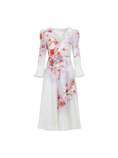 Lniana sukienka midi Zimmermann w kwiatki garniturowa czerwona