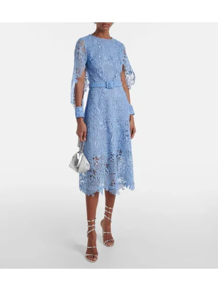 Koktejl obleka Oscar De La Renta s cvetličnim vzorcem s čipko modra