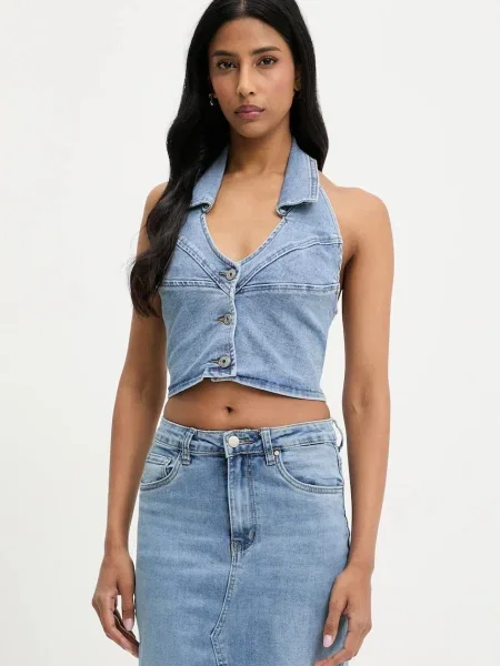 Дънкова блуза Answear Lab дамска с изчистен дизайн синьо