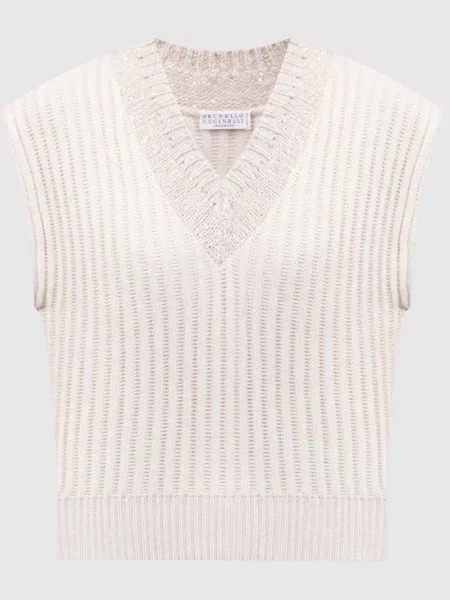 Жилет з кашеміру в рубчик з люрексом і паєтками Brunello Cucinelli бежевий