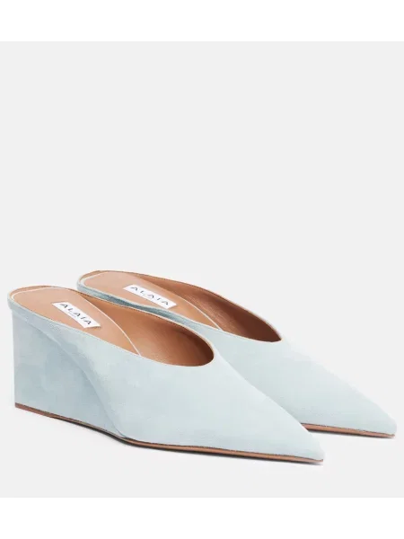 Papuci tip mules Alaïa din piele de căprioară cu pană albastru