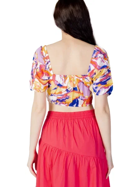 Krótka wielobarwność lniana bluzka Only niebieska