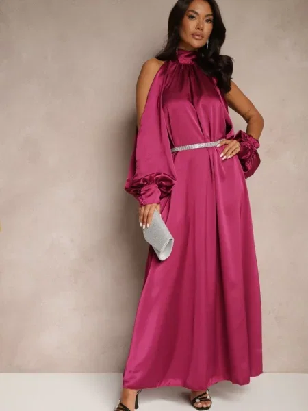 Koktajlowa Satynowa Sukienka z Odkrytymi Ramionami Tirreti fioletowa