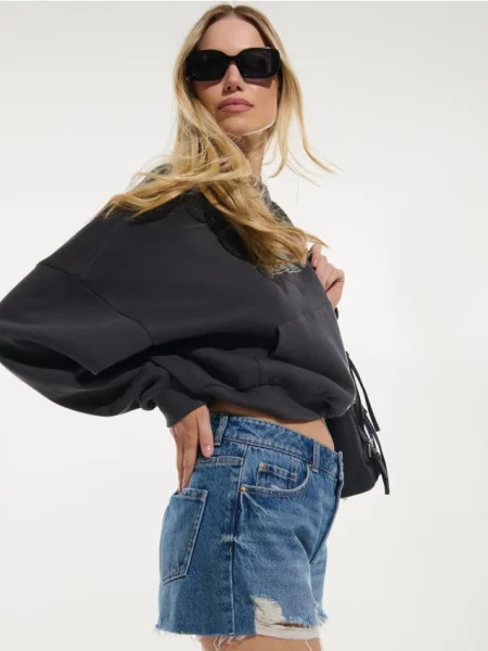 Джинсові шорти high waist з ефектом потертостей синій