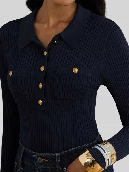 Bluzka z długim rękawem o kroju slim fit z mieszanki z Lauren Ralph Lauren granatowa