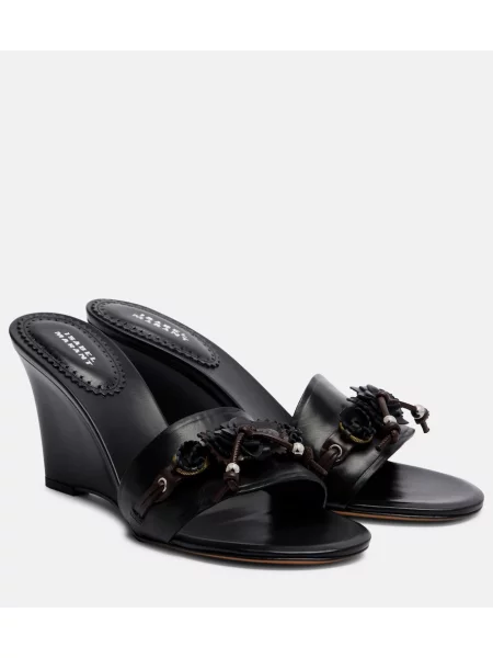 Papuci tip mules Isabel Marant din piele cu pană negru