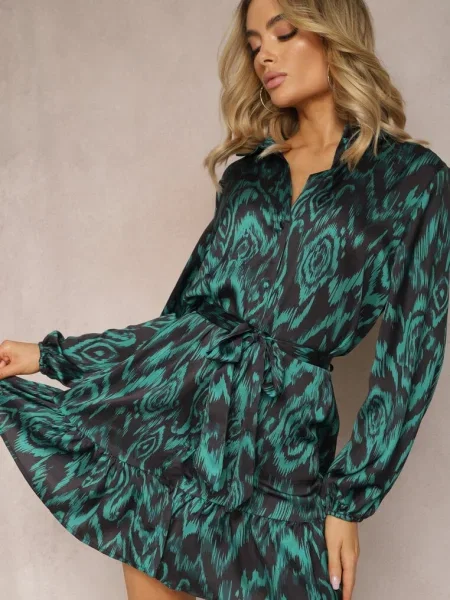 Rochie Cămașă cu Cordon și Volane Khristina verde