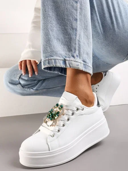Sneakerși Albi-Verzi cu Platformă și Aplicații Bijuterii Detașabile la Șireturi Tamaki alb