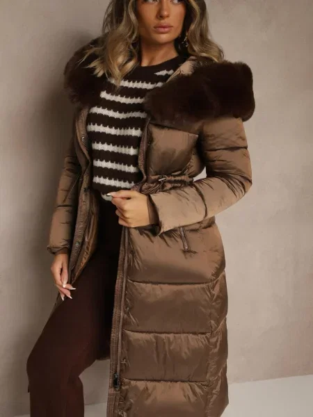 Puchowa Kurtka Pikowana o Długim Kroju z Kapturem z Futerkiem Bavea brązowa