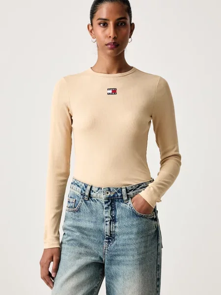 Tommy Jeans tričko s dlouhým rukávem s béžové