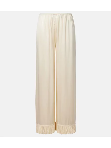 Pantaloni Dôen cu franjuri din satin alb