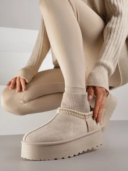 Cizme de zăpadă VICES pe Platformă cu Guler Tip Șosetă și Broderie Ebentia bej