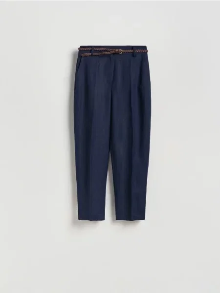 Reserved льняні штани з поясом темно-синій сині