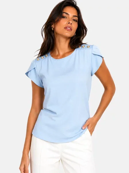 REGINA FASHION Blúzka Short Sleeve Blouse with Decorative Shoulder Buttons svetlomodrá