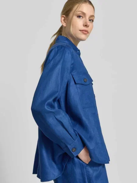 Rozkloszowana koszulowa kurtka z czystego lnu model POMPOSA' Weekend Max Mara błękitna