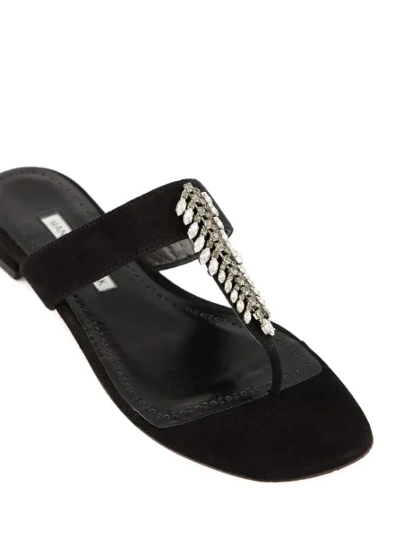 Sandale Manolo Blahnik fără toc de cristal negru