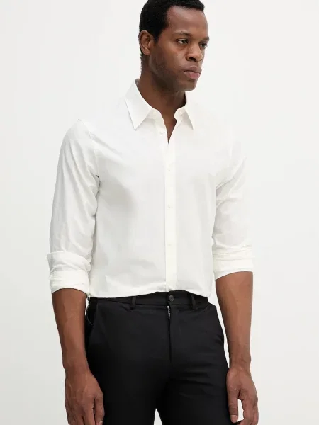 Armani Exchange cămașă din bej cu guler clasic regular alb