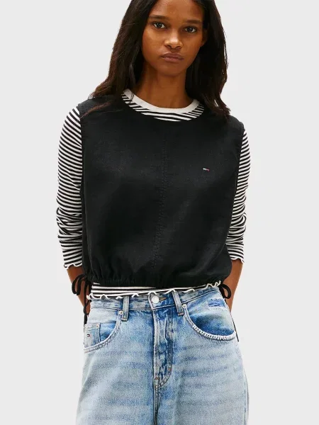 Лляний топ Tommy Jeans на завʼязках чорний
