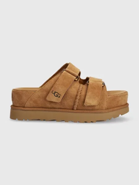 UGG klapki zamszowe Goldenstar Hi Slide na platformie brązowy