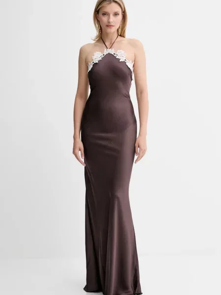 Рокля Patrizia Pepe дълга разкроена кафяво