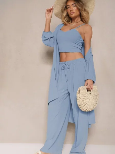 Komplet Spodnie z Gumką w Pasie Top i Długa Koszula Arives niebieski