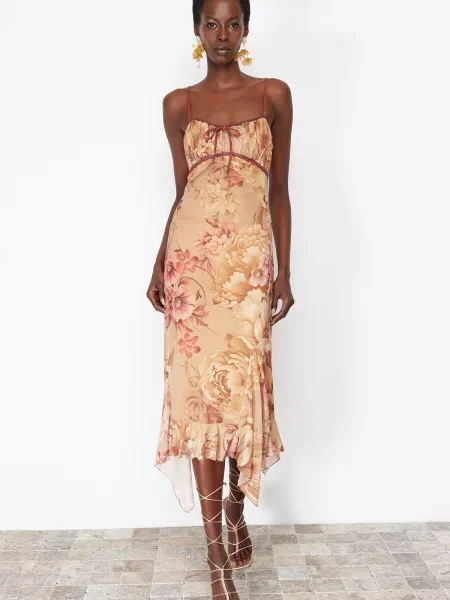 Dzianinowa sukienka koktajlowa Trendyol w kwiatki w kształcie litery A pomarańczowa