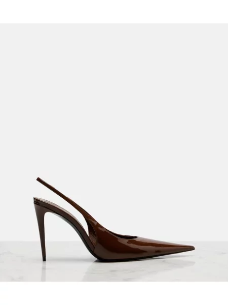 Pantofi cu toc Saint Laurent din piele de lac slingback maro