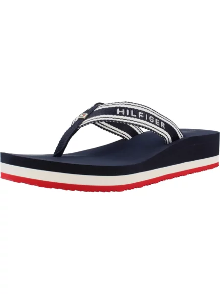 Klapki Tommy Hilfiger na koturnie z logo niebieskie