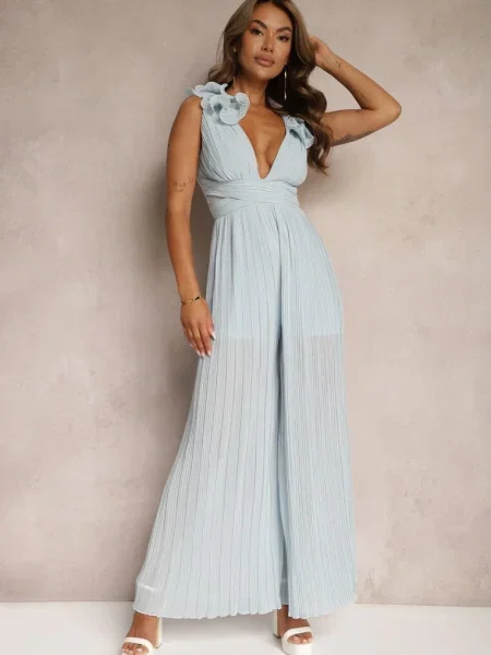 Combinație bleumarin conică de cocktail cu pantaloni largi decorată cu volane Gealfrea albastru