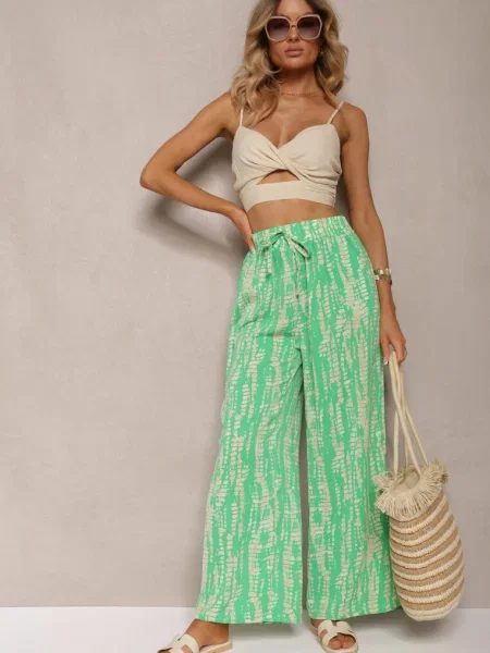 Pantaloni cu croială largă cu imprimeu abstract și în talie Sarieta verzi