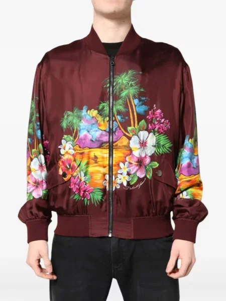 Geacă Dolce & Gabbana de mătase cu imagine cu imprimeu tropical maro