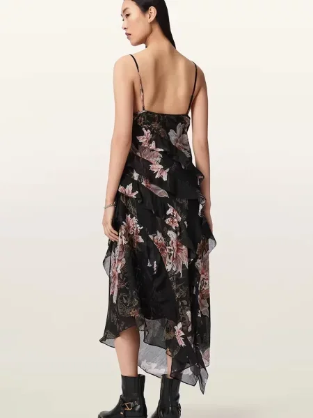 AllSaints rochie asimetrică cu amestec de mătase RUTH negru