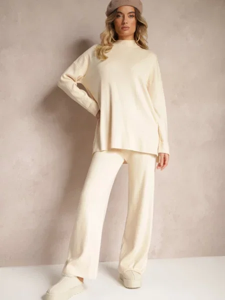 Komplet z Dzianiny z Wiskozą Sweter z Półgolfem i Spodnie z Gumką Firiala beżowy
