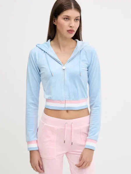 Juicy Couture bluza VELOUR CROPPED STRIPE HOODIE z kapturem z aplikacją niebieski