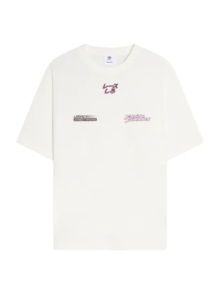 Bershka Tričko FAST&FURIOUS zelená / růžová offwhite černá