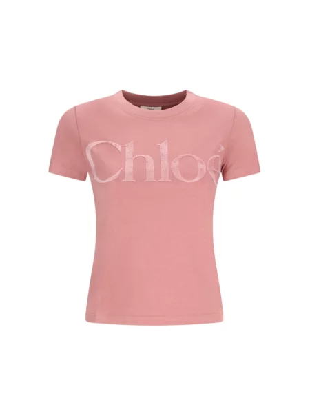 Aksamitna koszulka Chloe z okrągłym dekoltem z logo różowa