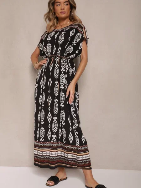Sukienka o Pudełkowym Kroju w Etniczny Print Miriliana czarna