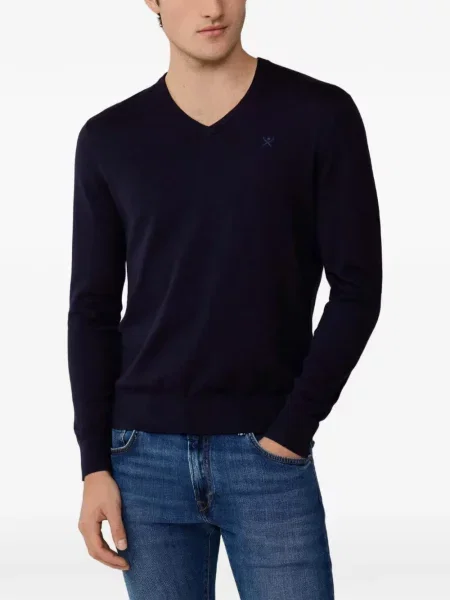 Pulover Hackett London cu broderie cu decolteu în V albastru