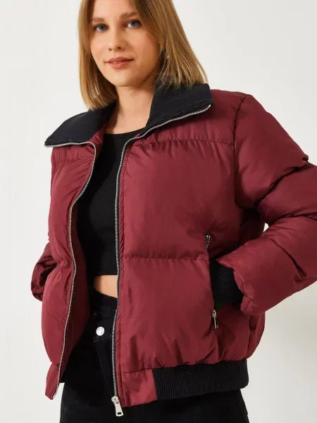 Bianco Lucci Camisole Collar Detailed Puffer Jacket with Zipper Pockets roșu