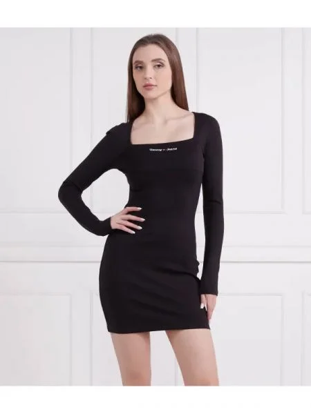 Tommy Jeans Rochie TJW SERIF LINEAR LS BODYCON negru