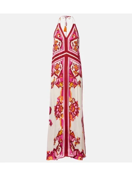 Rochie maxi Poupette St Barth din satin cu imagine cu gât halter roz